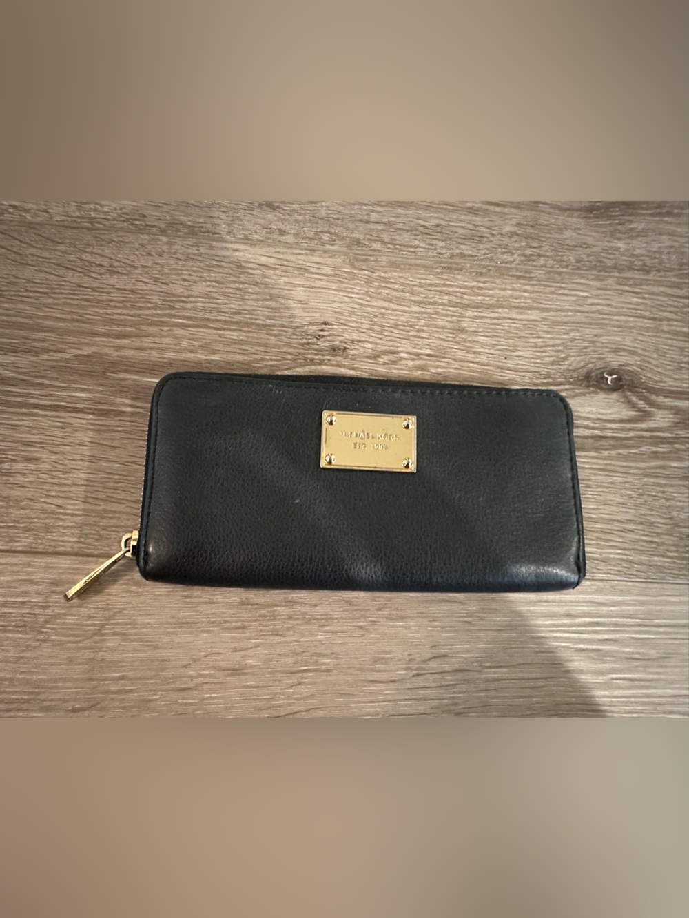 Michael Kors Black Leather Zip Wallet with Gold Plate